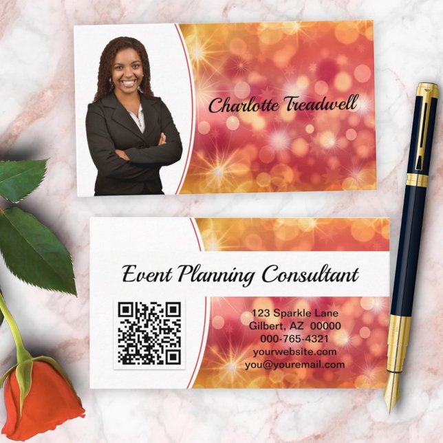 Professional Coral Bokeh Sparkle Custom Photo QR Business Card (front and back business card custom photo and QR code design)