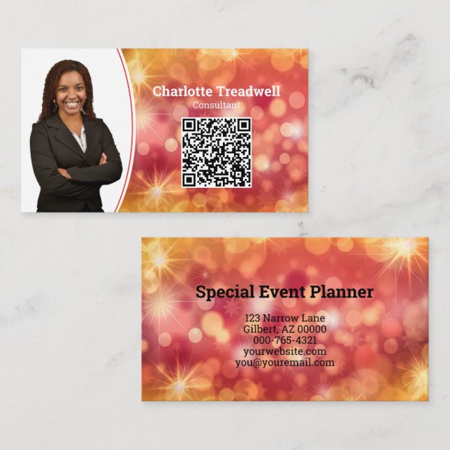 Professional Coral Bokeh Sparkle Custom Photo QR Business Card (Front/Back)