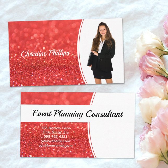 Professional Coral Glitter Custom Photo Business Card (Show yourself on this custom photo designed faux orange glitter business card design.)