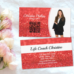Professional Coral Glitter Custom Photo QR Business Card