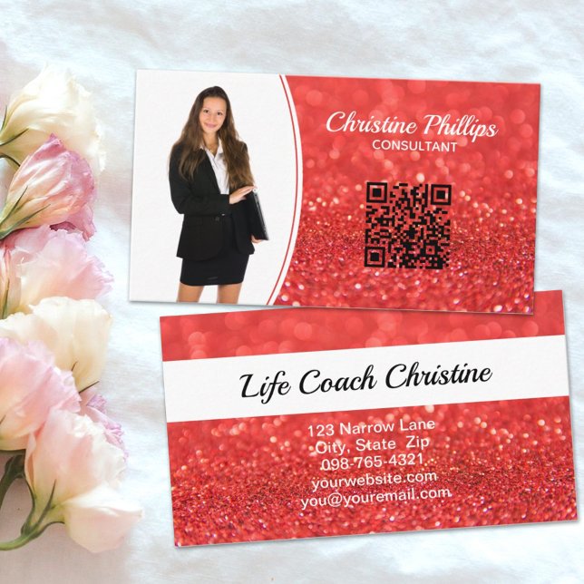 Professional Coral  Glitter Custom Photo QR Business Card (Share a professional photo and QR code link on this faux orange glitter business card design.)