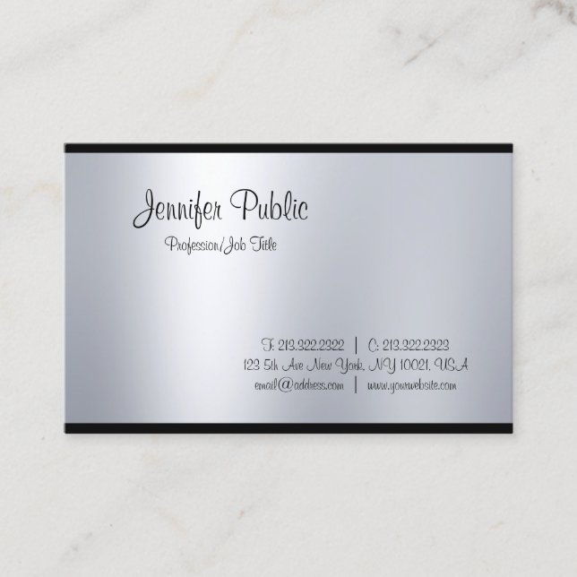 Professional Creative Script Glam Silver Look Top Business Card (Front)