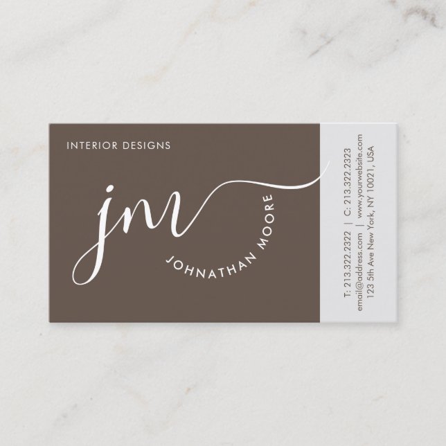 Professional Curvature Brown White Script Monogram Business Card (Front)
