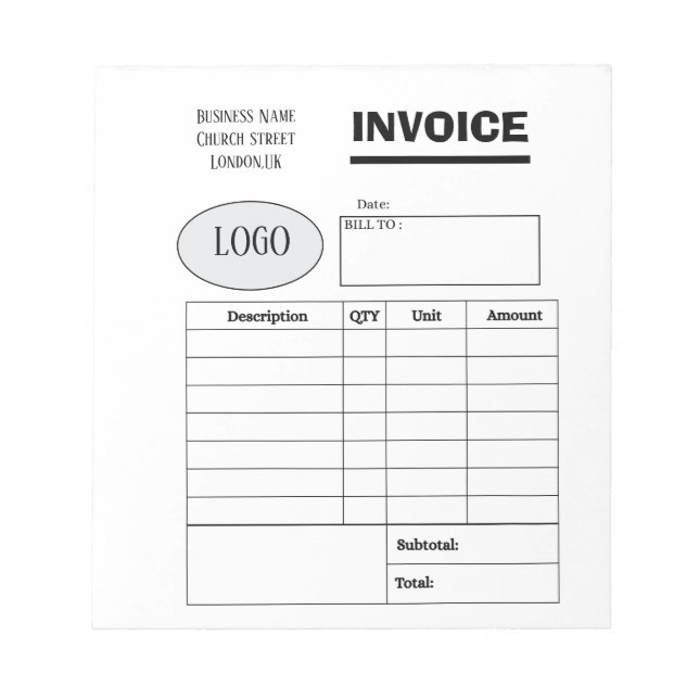 Professional custom business invoice notepad (Front)
