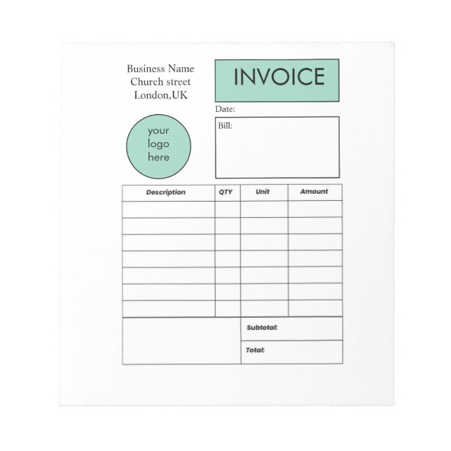 Professional custom business invoice notepad (Front)