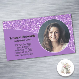 Professional Custom Photo Purple Faux Glitter Magnetic Business Card