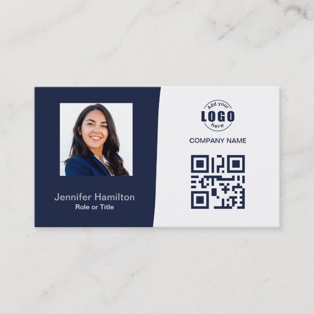 Professional Custom QRCode Photo Dark Blue Grey Business Card (Front)