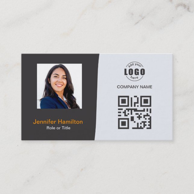 Professional Custom QRCode Photo Grey Orange Business Card (Front)