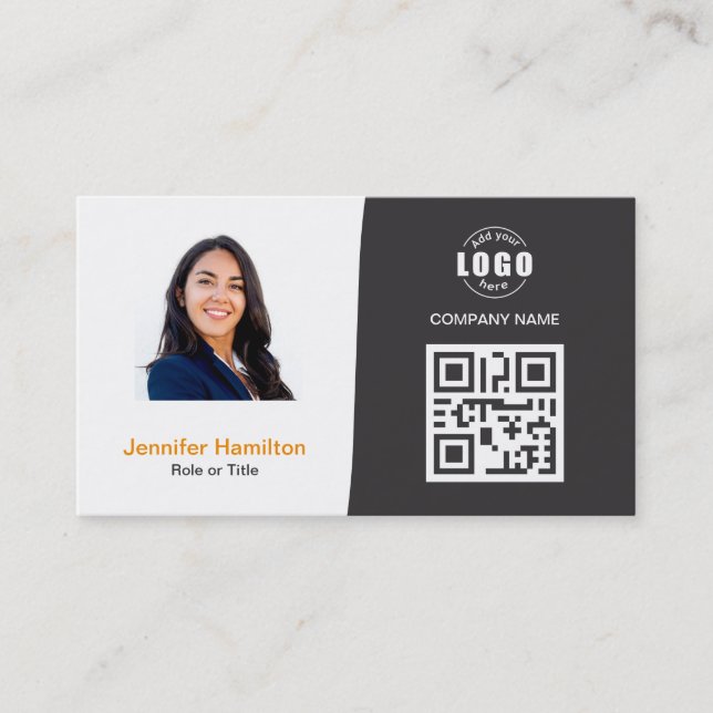Professional Custom QRCode Photo Grey Orange Business Card (Front)
