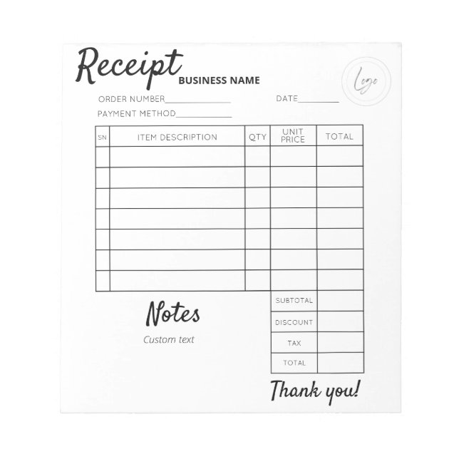 Professional Custom receipts for business Notepad (Front)