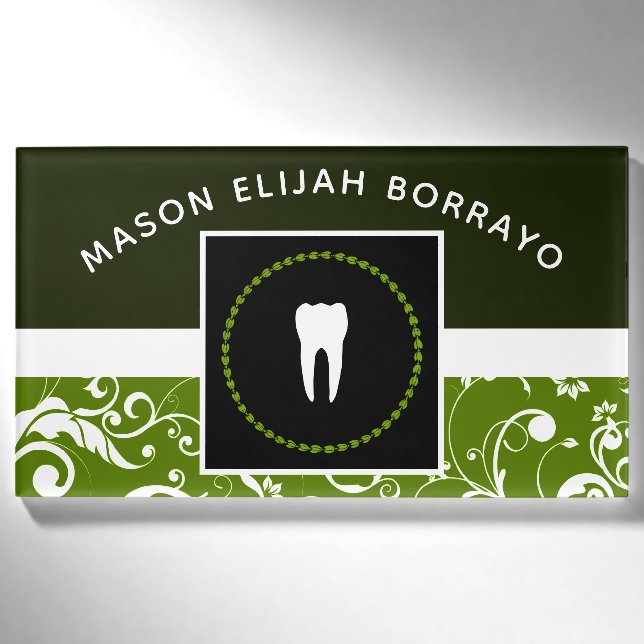 professional damask dentist office name tag (Front)
