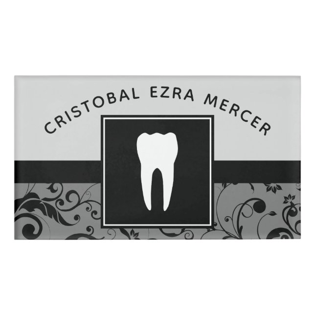 professional damask dentist office name tag (Front)