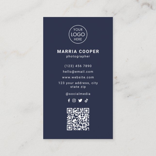 Professional Dark Blue Photo Logo QR Code  Business Card (Back)
