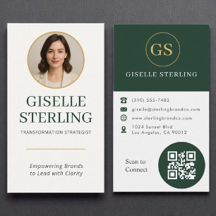 Professional Dark Green Gold Photo QR Code Modern Business Card