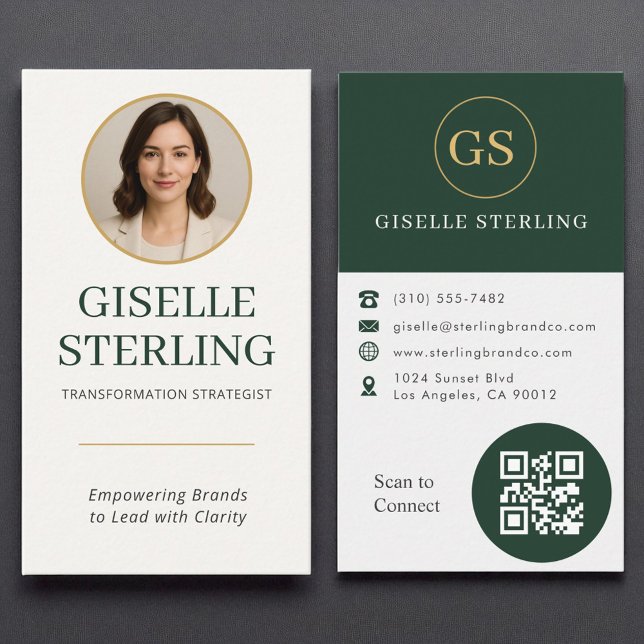 Professional Dark Green Gold Photo QR Code Modern Business Card (Creator Uploaded)
