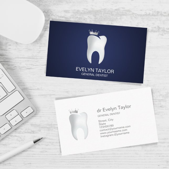 Professional Dentist Dental Clinic teeth Whitening Business Card (tooth with a silver crown)