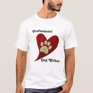 Professional Dog Walker Red Heart Gold Paw Print T-Shirt