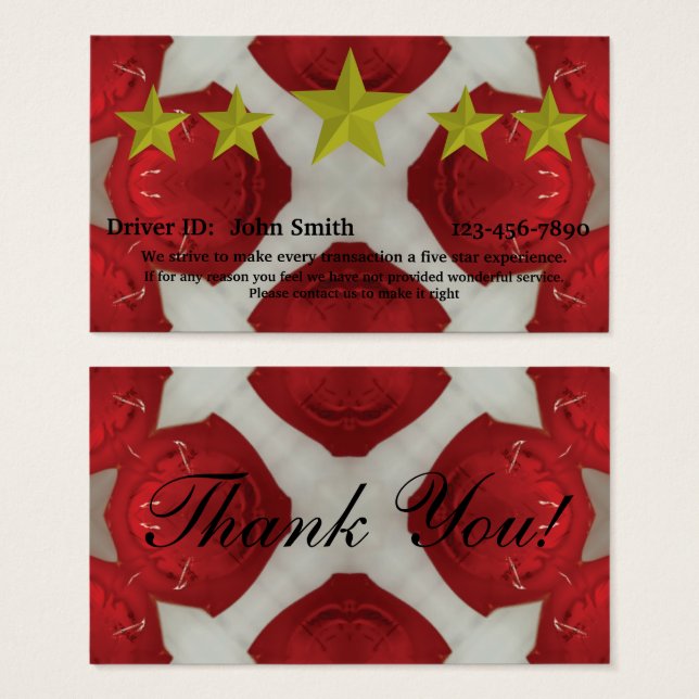 Professional Driver five star rating feedback card (Front & Back)