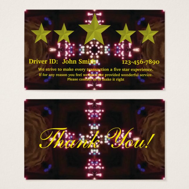 Professional Driver five star rating feedback card (Front & Back)