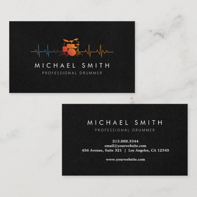 professional Drums Heartbeat Drummer  Business Card (Front/Back)