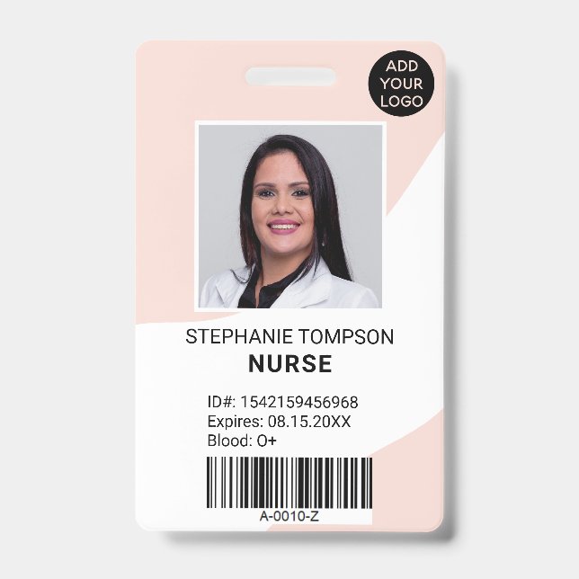 Professional editable pink nurse photo logo code ID badge (Front)