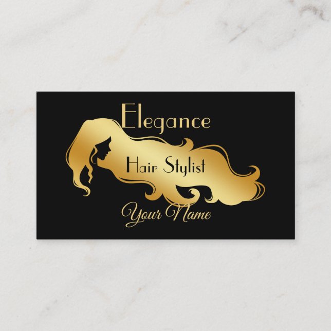 Professional Elegant Black Gold Hair Dresser Business Card (Front)