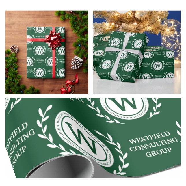 Professional Elegant Business Monogram Gift Wrap (business elegant monogram wrapping paper holiday green festive christmas party best promotional work)