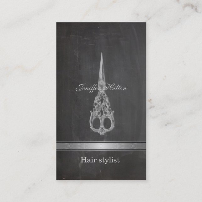 Professional elegant chic scissors chalkboard business card (Front)
