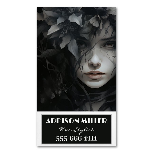 professional,Elegant, Floral Hairstylist QR code Magnetic Business Card (Front Vertical)