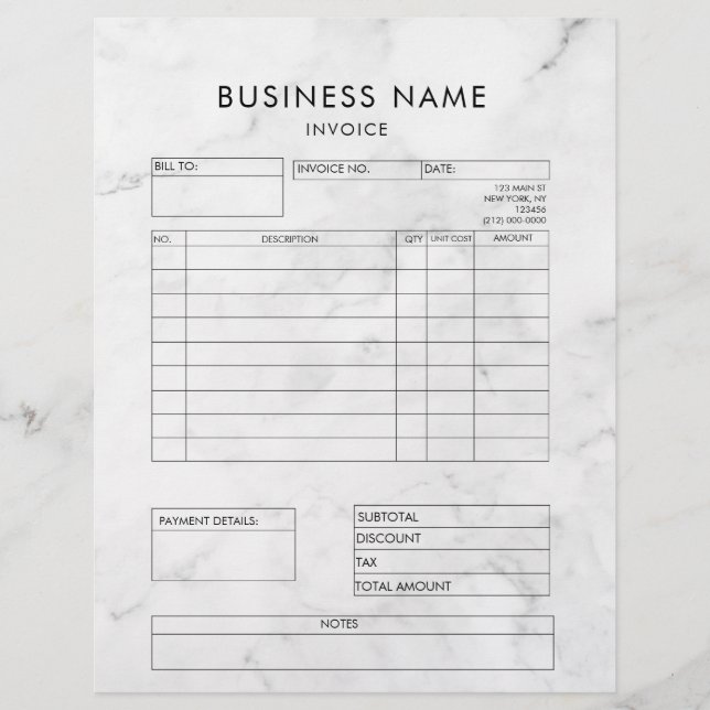 Professional Elegant Marble Invoice Receipt Custom Letterhead (Front)