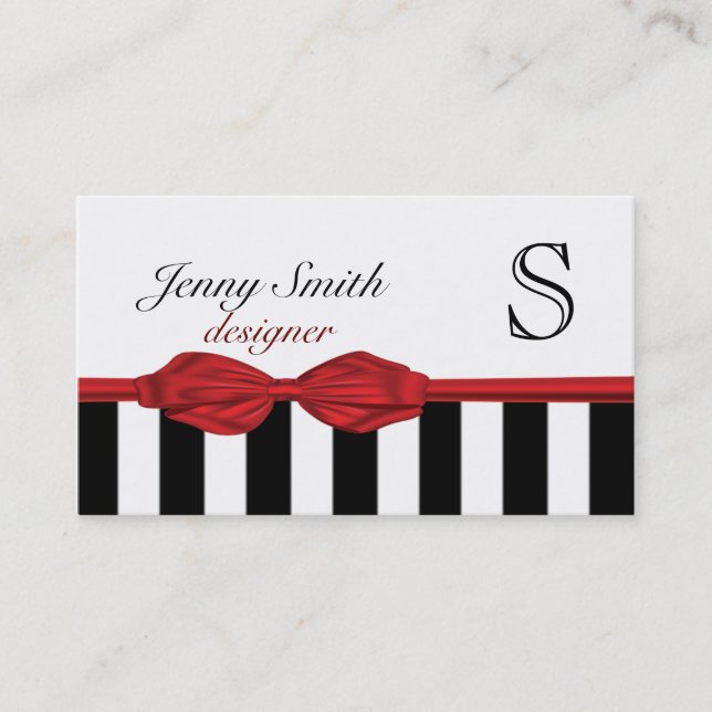 Professional Elegant red bowstripes monogram Business Card (Front)