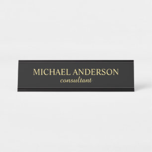 Professional Elegant Script Black and Gold Desk Name Plate