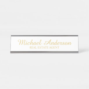 Professional Elegant Script White and Gold Desk Name Plate