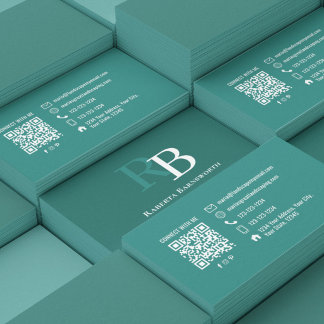 Professional Elegant Teal Monogram QR Code Business Card
