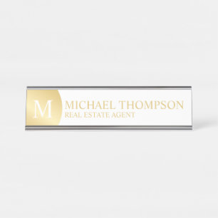 Professional Elegant White and Gold Desk Name Plate