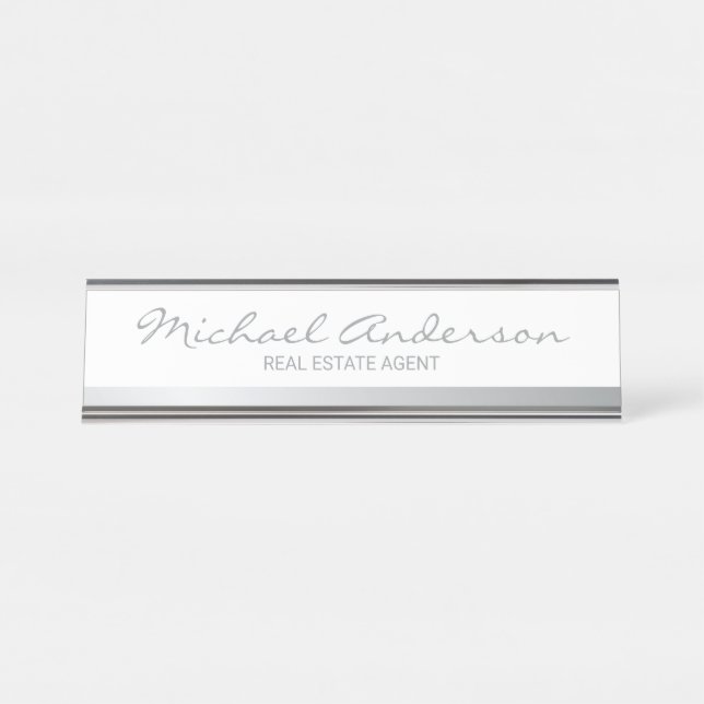 Professional Elegant White and Silver Desk Name Plate (Front)