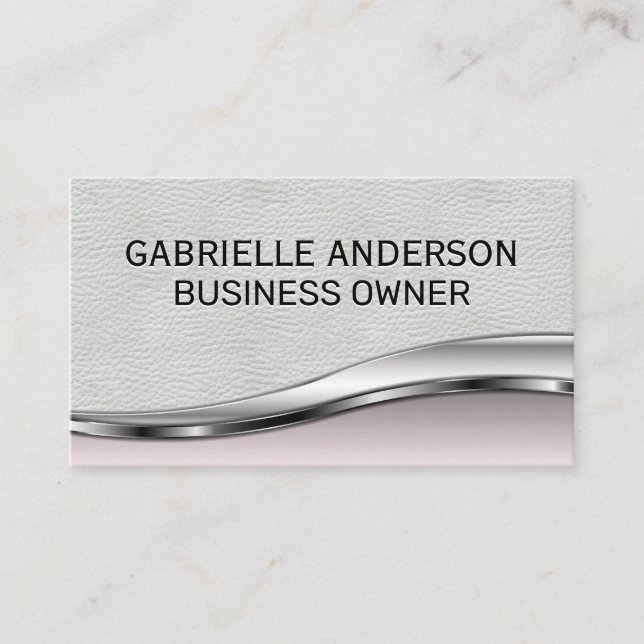 Professional Elegant White Leather Pink Metallic Business Card (Front)