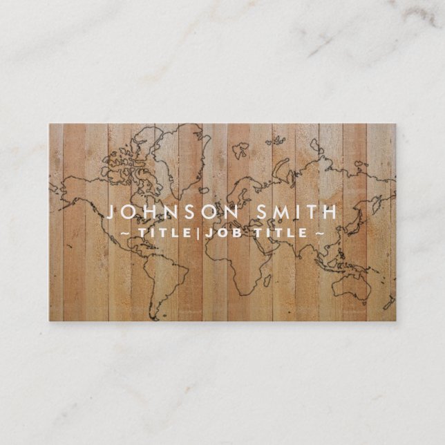 Professional Elegant Wood World Map Business Card (Front)