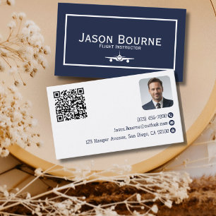Professional Employee Photo QR Code Blue Aviation  Business Card