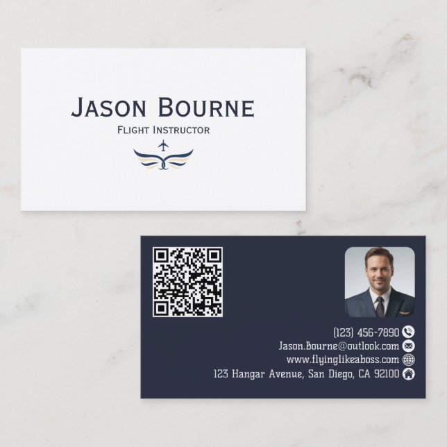 Professional Employee Photo QR Code Blue Aviation  Business Card (Front/Back)