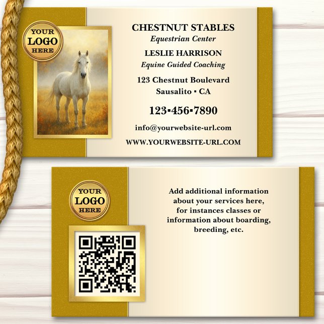 Professional Equine Photo Business Card (Professional business card featuring your horse photo framed by an elegant gold stylized design)