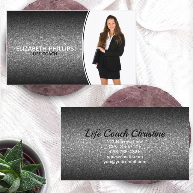 Professional Event Planner Black Ombre Glitter Business Card (business card front and back design)