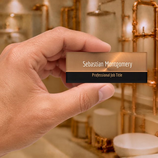 Professional Faux Metallic Copper Flare Template Name Tag (Rectangular copper and black professional name tag template held between the thumb and index finger.)