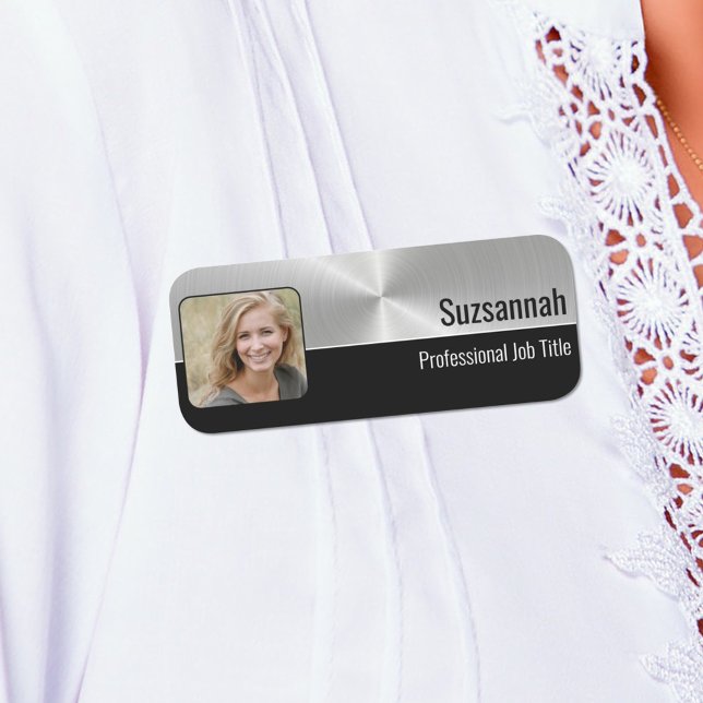 Professional Faux Metallic Silver Custom Photo Name Tag (Custom photo silver black name tag)