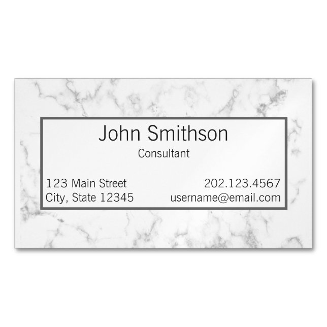 Professional Faux White Marble Black Text Template Magnetic Business Card (Front)