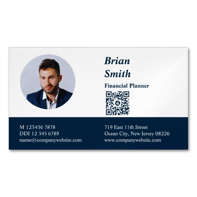 Professional Financial Planner QR Code Blue Magnetic Business Card (Front)