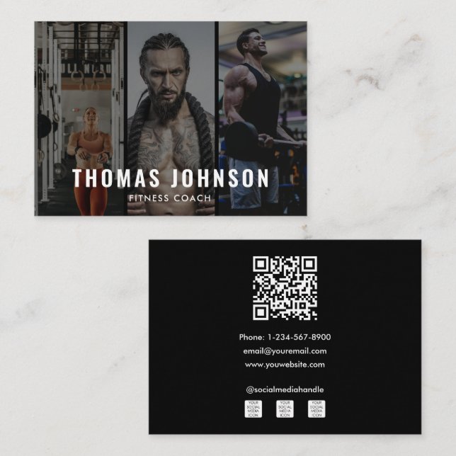 Professional Fitness Coach Social Media 3 Photo Business Card (Front/Back)