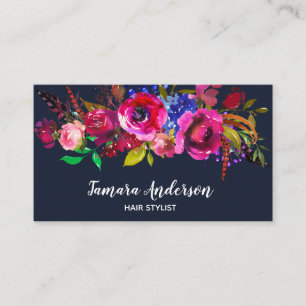Professional Floral Hairstylist Navy Burgundy Pink Business Card