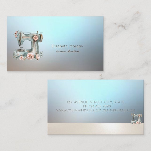 Professional Floral Sewing Machine Blue Business Card (Front/Back)