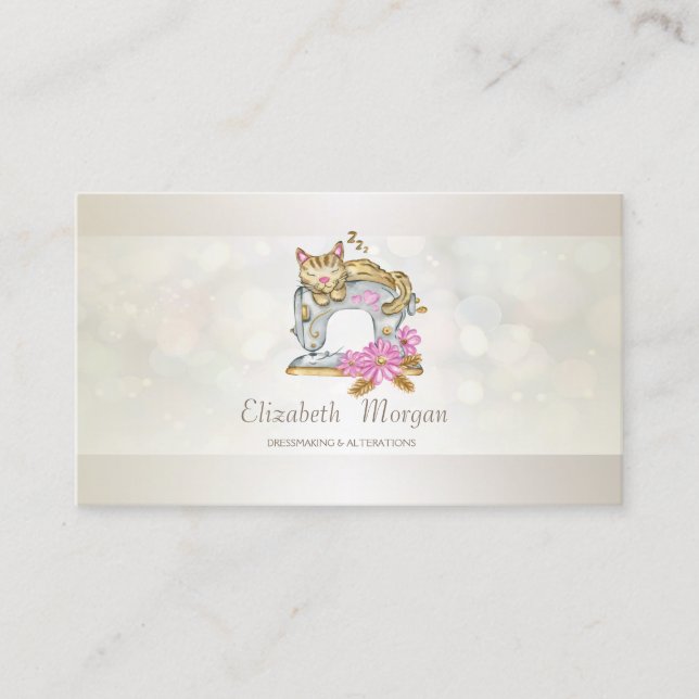 Professional Floral Sewing Machine Cat Bokeh Business Card (Front)